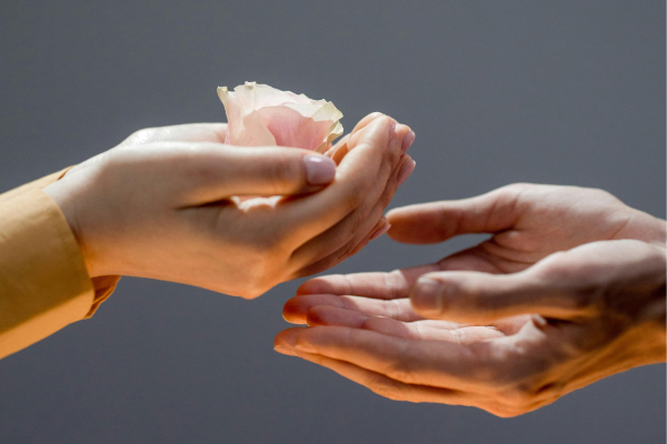 Close-up of one set of hands passing a delicate flower to another set of hands